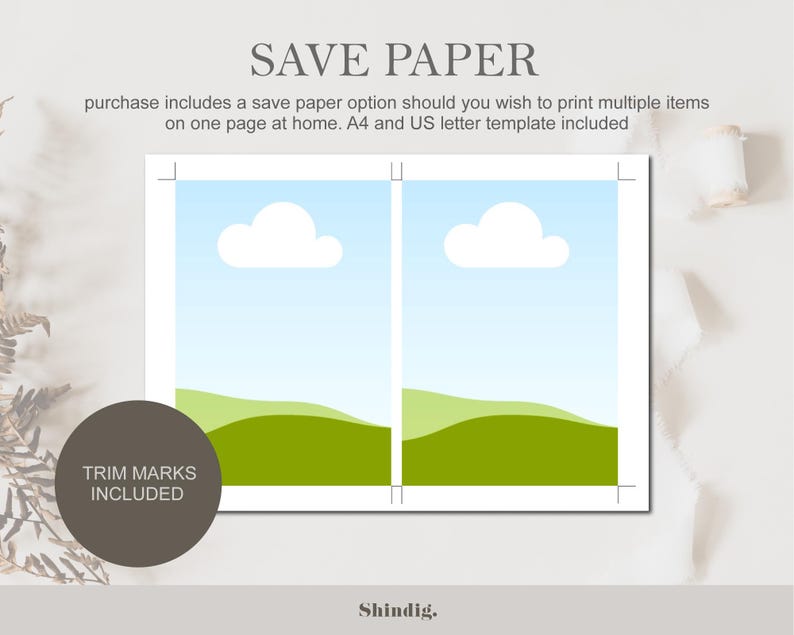 Pode incluir: Um modelo de impress&atilde;o digital com um design de paisagem, apresentando um c&eacute;u azul com nuvens brancas e colinas verdes. O texto "SAVE PAPER" est&aacute; no topo, com texto adicional abaixo. Um gr&aacute;fico circular diz "TRIM MARKS INCLUDED".