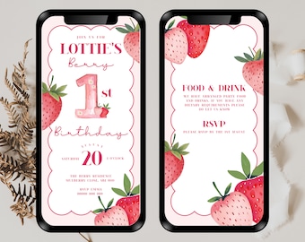 Invito modificabile per il primo compleanno di Berry, invito digitale per il primo compleanno, modello di invito per il compleanno di ragazze, invito mobile per la dolce metà