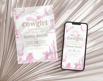 Editierbare Cowgirl Babypartyeinladung ein kleines Cowgirl laden wilden Westen Western Rodeo Thema Vorlage Landmädchen digitales Einladungsvideo ein