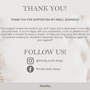 Pode incluir: Um cart&atilde;o de agradecimento com o texto "THANK YOU!" e "THANK YOU FOR SUPPORTING MY SMALL BUSINESS!". O cart&atilde;o tamb&eacute;m inclui redes sociais e uma mensagem de agradecimento aos clientes.
