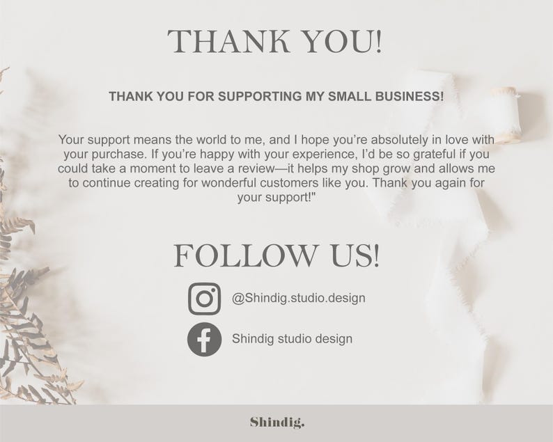 Pode incluir: Um cart&atilde;o de agradecimento com o texto "THANK YOU!" e "THANK YOU FOR SUPPORTING MY SMALL BUSINESS!". O cart&atilde;o tamb&eacute;m inclui redes sociais e uma mensagem de agradecimento aos clientes.