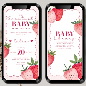 Editable Strawberry Baby Shower Electronic Invite, digital Strawberry Invitation, Berry Sweet Baby Shower E-vite,  Text Message invitation