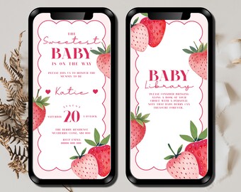 Editable Strawberry Baby Shower Electronic Invite, digital Strawberry Invitation, Berry Sweet Baby Shower E-vite,  Text Message invitation