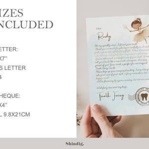 Pode incluir: Uma carta impressa da Fada do Dente com uma ilustra&ccedil;&atilde;o de fada, segurada por uma m&atilde;o. A carta inclui texto e um selo da Fada do Dente. Os tamanhos incluem 12,7x17,8cm, US Letter, A4, 20,3x10,2cm e DL 9,8x21cm.