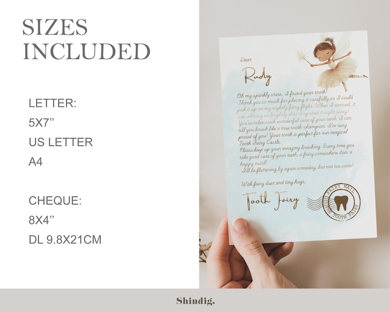 Pode incluir: Uma carta impressa da Fada do Dente com uma ilustra&ccedil;&atilde;o de fada, segurada por uma m&atilde;o. A carta inclui texto e um selo da Fada do Dente. Os tamanhos incluem 12,7x17,8cm, US Letter, A4, 20,3x10,2cm e DL 9,8x21cm.