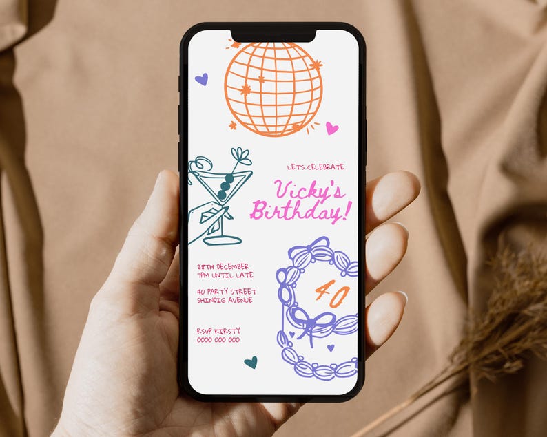 Pode incluir: Um convite digital na tela de um smartphone para a festa de anivers&aacute;rio de 40 anos de Vicky. O convite apresenta uma bola de discoteca, uma ta&ccedil;a de martini e uma coroa com o n&uacute;mero 40 no centro. O texto diz "Vamos celebrar o anivers&aacute;rio de Vicky!" e inclui a data, a hora e o local da festa.
