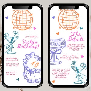 Pode incluir: Um convite digital para uma festa de anivers&aacute;rio de 40 anos com um gr&aacute;fico de bola de discoteca, bolo e copo de martini. O convite inclui a data, a hora e o endere&ccedil;o da festa. O texto diz "Vamos celebrar o anivers&aacute;rio da Vicky!" e "Os detalhes".
