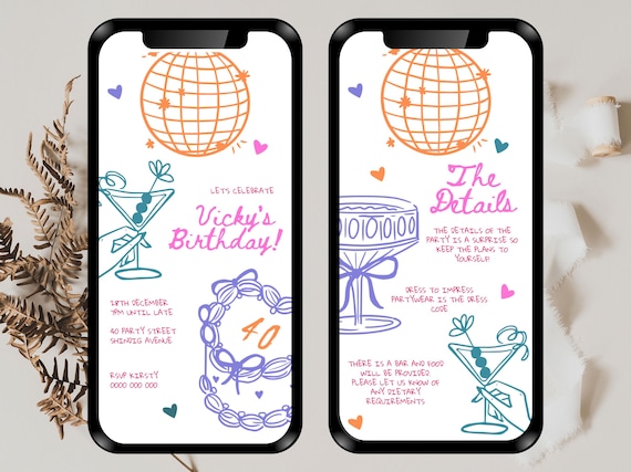 Digital 40th Birthday Invitation, 40th Birthday Invite, 40th evite, Digital 40th Invite, hand drawn, 40th invitation, 40th party, whimsical