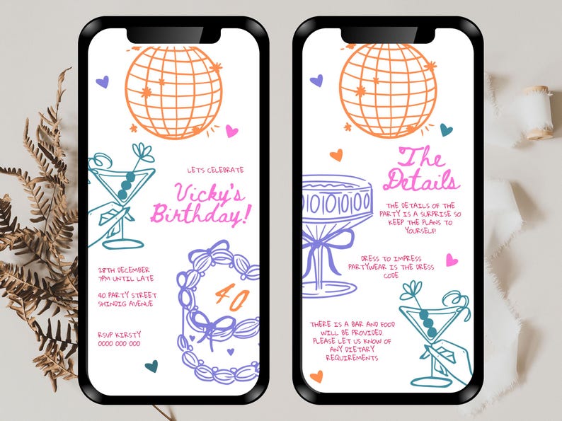 Pode incluir: Um convite digital para uma festa de anivers&aacute;rio de 40 anos com um gr&aacute;fico de bola de discoteca, bolo e copo de martini. O convite inclui a data, a hora e o endere&ccedil;o da festa. O texto diz "Vamos celebrar o anivers&aacute;rio da Vicky!" e "Os detalhes".