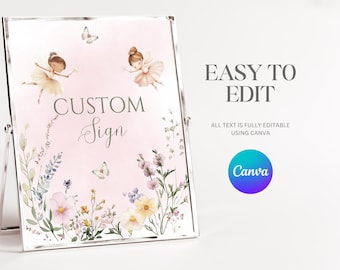 Plantilla editable de cartel para fiesta de primer cumpleaños de hadas para niña, cartel imprimible personalizado para primer cumpleaños, cartel de mesa de jardín encantado, plantilla de Canva