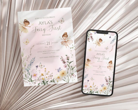 Editable fairy first birthday invitation enchanted garden party invite garden fairy whimsical 1st birthday girl animated fairy evite.