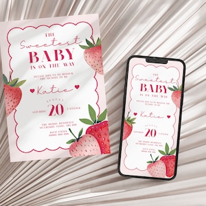 Editable Strawberry Baby Shower Electronic Invite, Printable Strawberry Invitation, Berry Sweet Baby Shower E-vite,  Text Message invitation