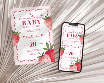 Editable Strawberry Baby Shower Electronic Invite, Printable Strawberry Invitation, Berry Sweet Baby Shower E-vite,  Text Message invitation