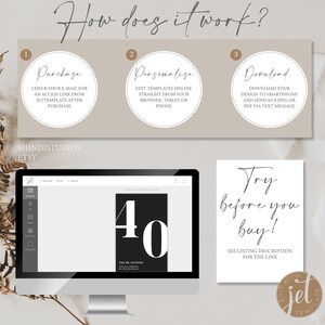 May include: A computer screen displaying a mockup of a 40th birthday invitation template. The template is black with white text that says "You're Invited" and the number "40". The screen is on a white desk with a white background. The text "Try before you buy!" is written on a white card with black text. The card is on a light brown surface. The text "See listing description for the link" is written below the text "Try before you buy!"