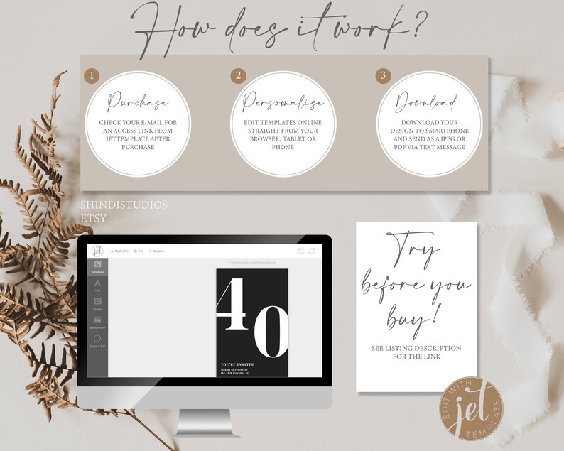 May include: A computer screen displaying a mockup of a 40th birthday invitation template. The template is black with white text that says "You're Invited" and the number "40". The screen is on a white desk with a white background. The text "Try before you buy!" is written on a white card with black text. The card is on a light brown surface. The text "See listing description for the link" is written below the text "Try before you buy!"