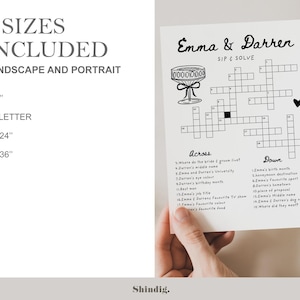 Pu&ograve; includere: Un cruciverba stampabile in bianco e nero con il testo "Emma & Darren Sip & Solve". Il cruciverba include indizi sul matrimonio della coppia e dettagli personali.