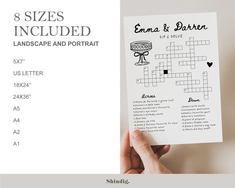 Pu&ograve; includere: Un cruciverba stampabile in bianco e nero con il testo "Emma & Darren Sip & Solve". Il cruciverba include indizi sul matrimonio della coppia e dettagli personali.