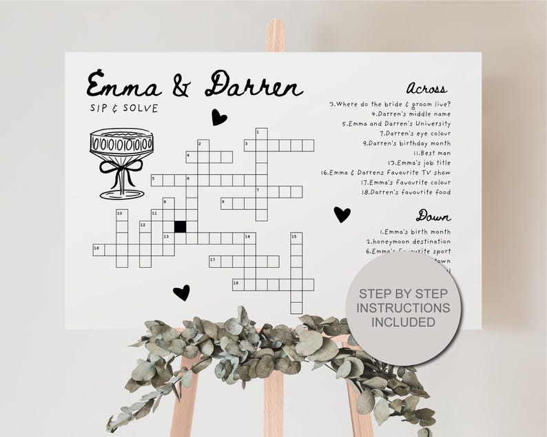 Pu&ograve; includere: Un cruciverba in bianco e nero con il titolo "Emma & Darren Sip & Solve". Il cruciverba &egrave; su uno sfondo bianco con cuori neri e un'illustrazione in bianco e nero di un bicchiere di champagne.