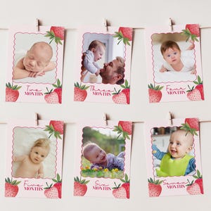 Cartes-photos modifiables aux fraises, jalon mensuel, bannière d'anniversaire, décoration d'anniversaire, bannière de chaise haute