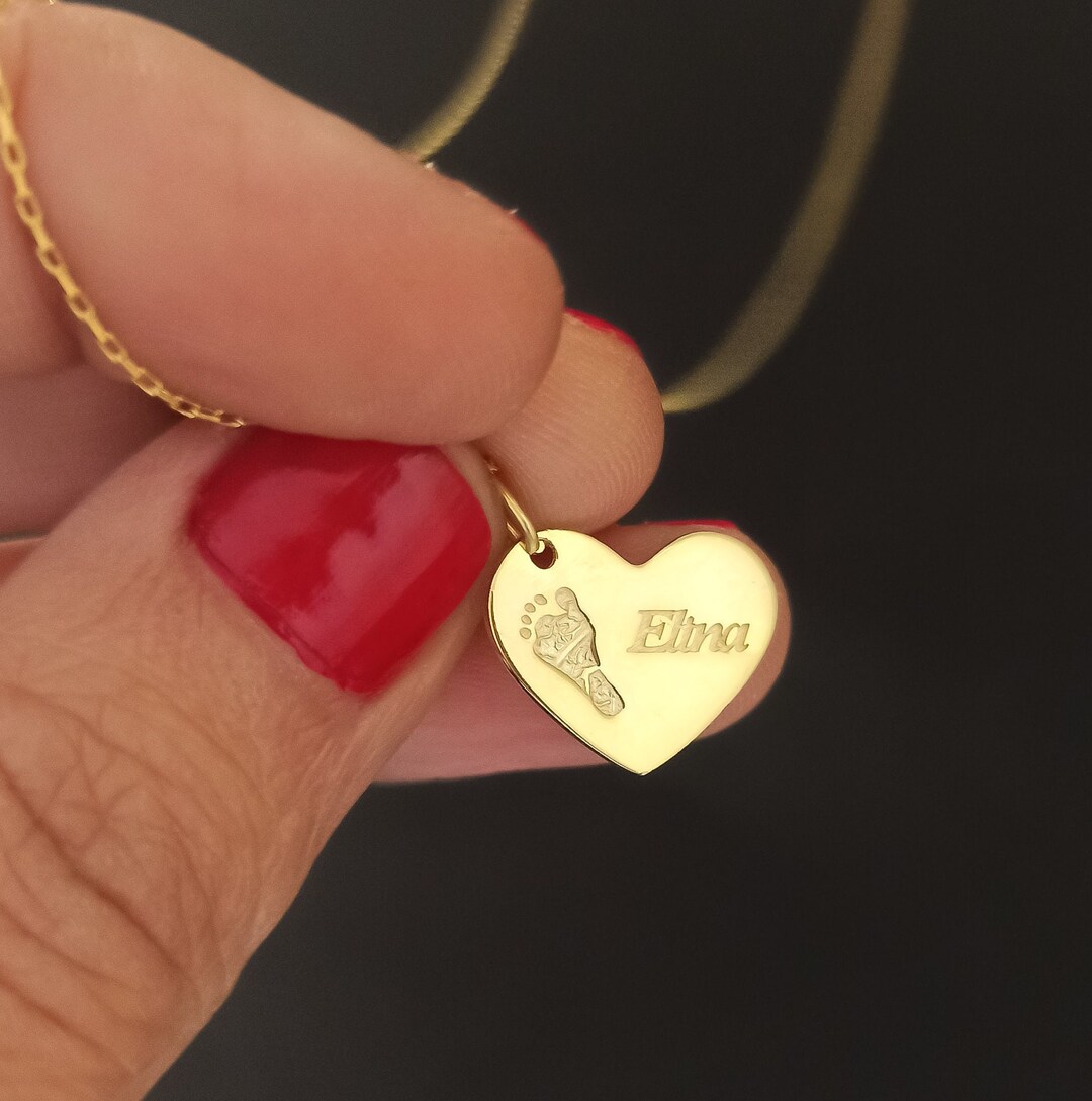 10k 14k 18k Solid Gold Footprint Stamped Named Heart Necklace