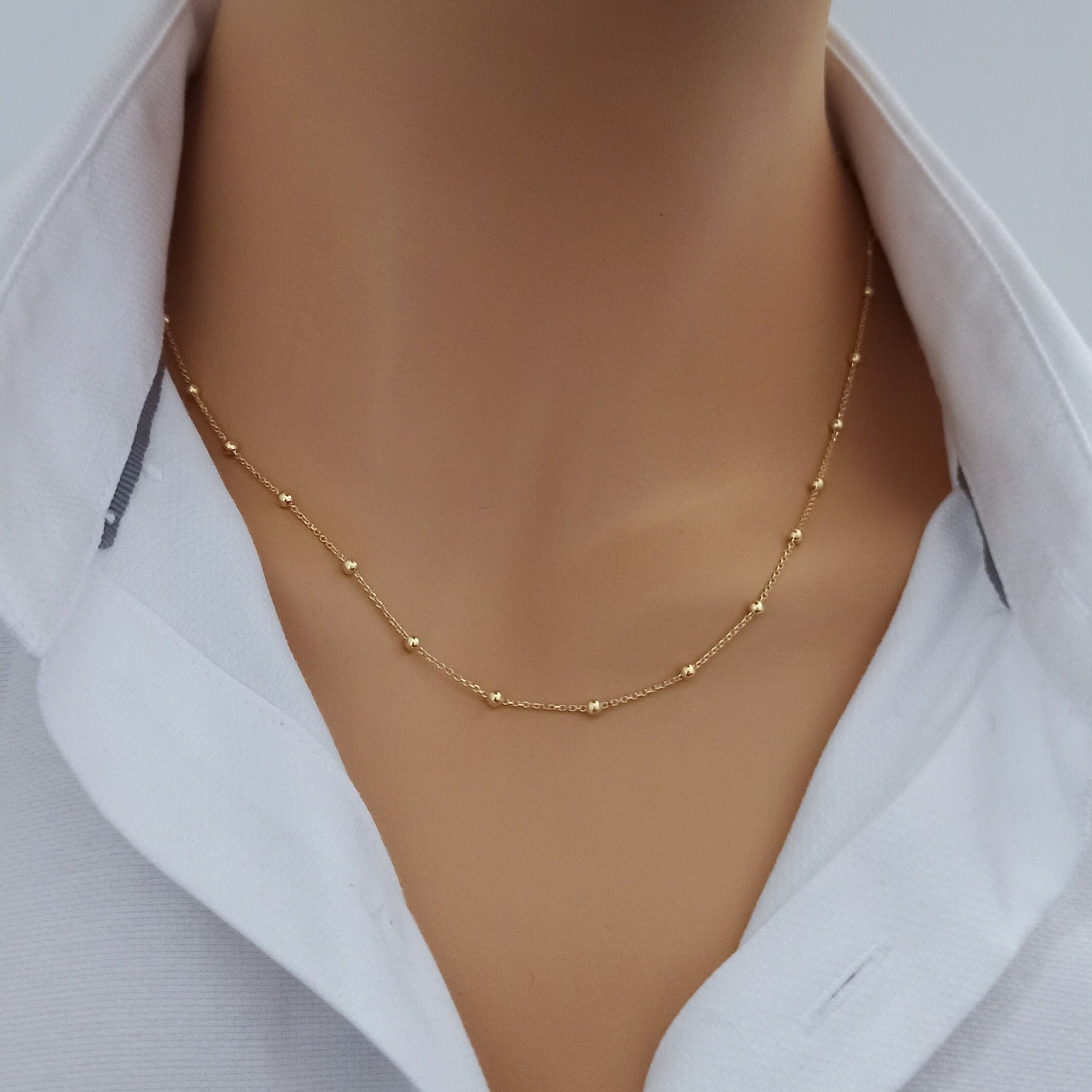 14k Solid Gold Bead Chain Necklace, Gold Satellite Necklace, Station Ball Necklace, Mini Multi