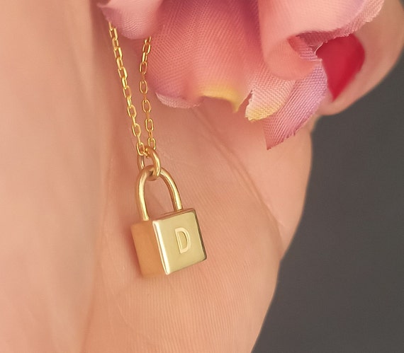 10k Solid Gold Lock Pendant and Necklace Dainty Lock and Key 