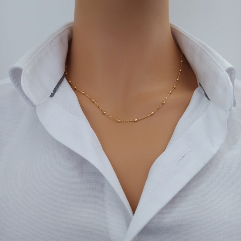 14k Solid Gold Bead Chain Necklace, Gold Satellite Necklace, Station