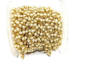 Terço banhado a ouro com pérolas: contas redondas lisas de 3,5 mm