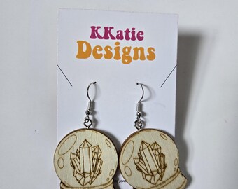 Crystal Ball Earrings | Witchy Earrings | Witchy Accessories | Wicca Gifts | Engraved Wooden Earrings