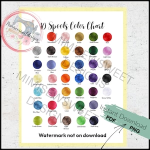 Puede incluir: Una carta de colores con 40 círculos de diferentes colores, cada uno etiquetado con el nombre del color. La carta se titula "10 Spools Color Chart".