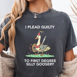 Op de afbeelding: Donkergrijs T-shirt met de tekst "I Plead Guilty To First Degree Silly Goosery". Het shirt heeft een cartoon gans met een feesthoed en een rode sjaal. De gans staat op groen gras.