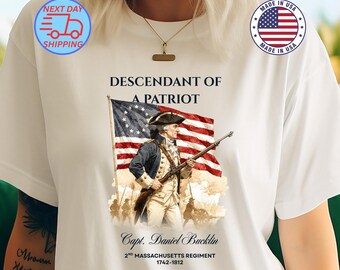 Custom Descendant of a Patriot T-shirt, Revolutionary War Heritage Family Name Tee, Patriotic DAR SAR Tee Gift