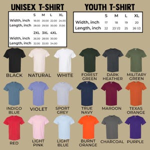 May include: A variety of unisex and youth t-shirts in various colors, including black, white, and red. The image displays size charts with measurements in inches for both unisex and youth sizes. The shirts are arranged in rows, showcasing the available colors.