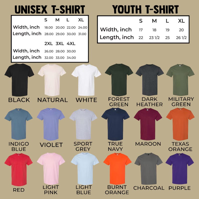 May include: A variety of unisex and youth t-shirts in various colors, including black, white, and red. The image displays size charts with measurements in inches for both unisex and youth sizes. The shirts are arranged in rows, showcasing the available colors.
