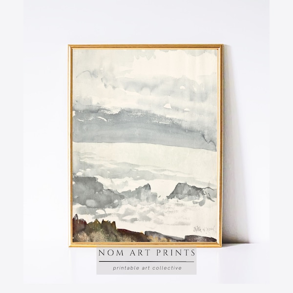 Muted Ocean Coastal Print, Vintage Seaside Landscape Painting Art, Neutral Seascape Print, Living Room Decor, Farmhouse Decor Vertical Art