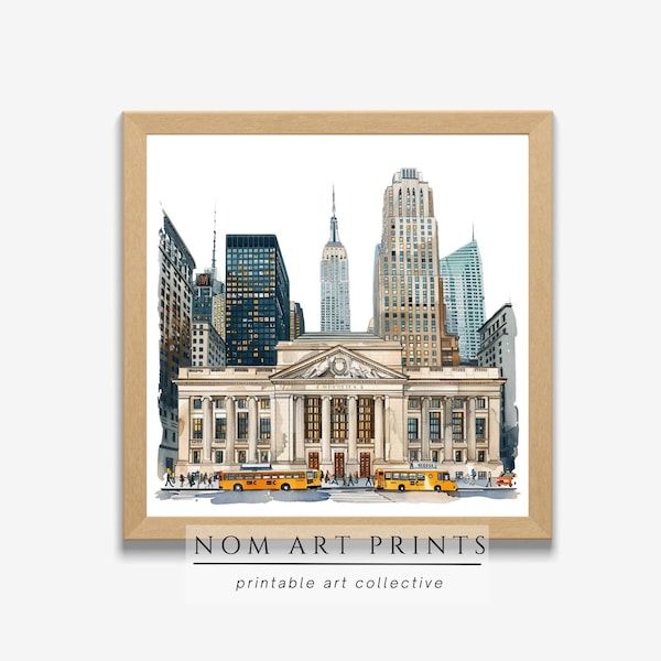 New York City Public Library Print, New York Print, NYC Public Library Art Print, Cityscape Painting Art, Watercolor Square City Print