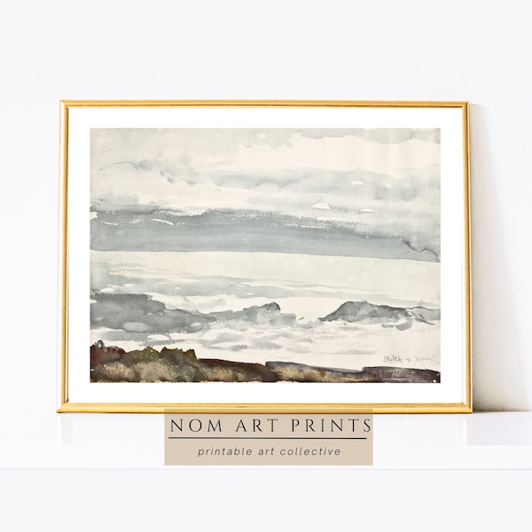 Muted Ocean Coastal Print, Vintage Seaside Landscape Painting Art, Neutral Seascape Print, Living Room Decor, Farmhouse Decor Wall Art