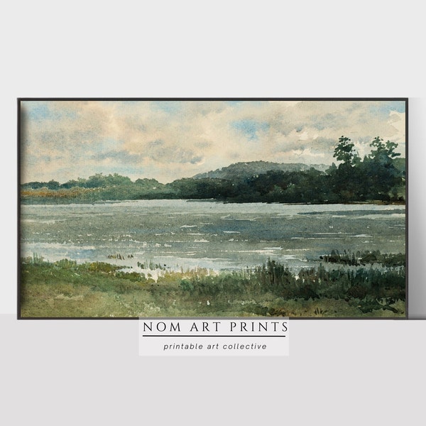 Vintage Muted Green Lake Landscape Frame TV Art, Vintage Country Greenery Lake Field Landscape TV Frame, Farmhouse Lake Samsung Frame Art