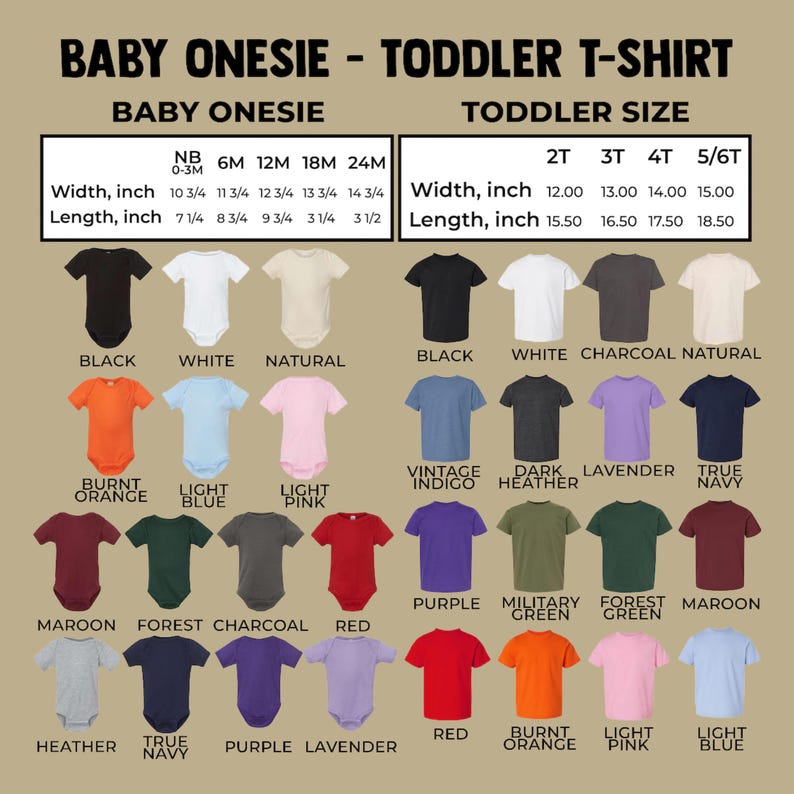 May include: A product image showcasing baby onesies and toddler t-shirts in various colors. The image includes a size chart with measurements in inches for both baby and toddler sizes. Colors include black, white, and various shades.