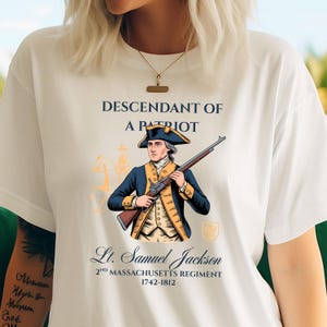 Custom Descendant of a Patriot Shirt, Personalized DAR SAR T-Shirt, Heritage Family Name Tee, Custom Ancestry Shirt, Patriotic Gift image 1