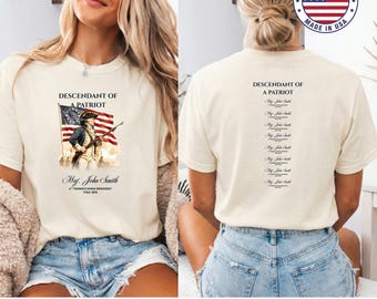 Custom Two Side Descendant of a Patriot T-shirt, Revolutionary War Heritage Family Name Back Side Tee, Patriotic DAR SAR Tee Gift