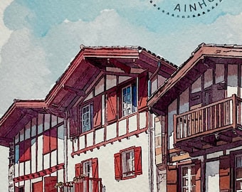 Aquarelle village de Ainhoa / Carnet de voyage Pays Basque/ Tirage d’art A4 et A5/ Sud Ouest France/ architectural drawing/art mural