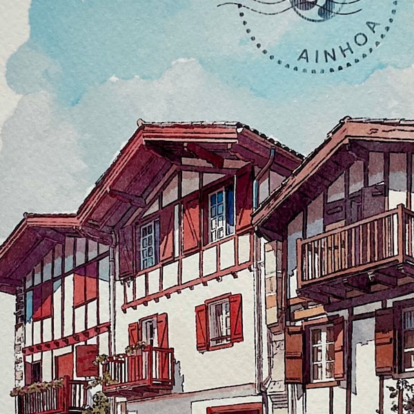 Aquarelle village de Ainhoa / Carnet de voyage Pays Basque/ Tirage d’art A4 et A5/ Sud Ouest France/ architectural drawing/art mural