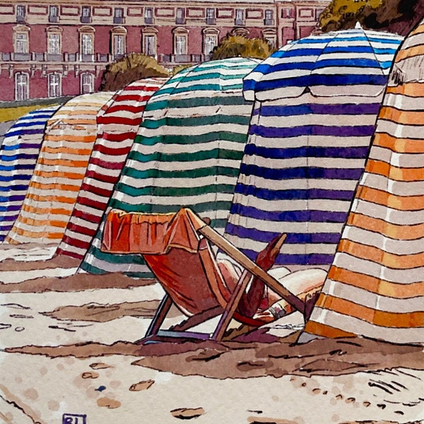 Aquarelle les tentes de Biarritz/ Tirage d’art A4 et A5/ Carnet de voyage Côte Basque/ Dessin Hôtel du Palais/ Watercolor landscape / Art