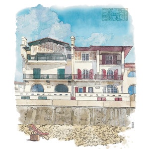 Pôster em aquarela Hossegor La Centrale/Ilustração praia de Hossegor Landes Sudoeste da França/Arte Costeira/Arte de parede em aquarela