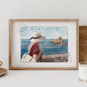 Watercolor Rocher de la Vierge in Biarritz/Art print/Basque Coast travel diary/marine watercolor/interior decoration/art