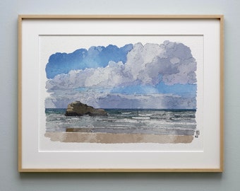 Watercolor Biarritz Miramar beach / Art print A4/ Basque Coast travel diary / Watercolor marine/ Wall art/ Basque country poster