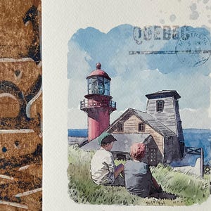 Aquarelle Phare de  Pointe-à-la-Renommée en Gaspésie Québec / Carnet de voyage Fleuve Saint-Laurent/ Aquarelle Art