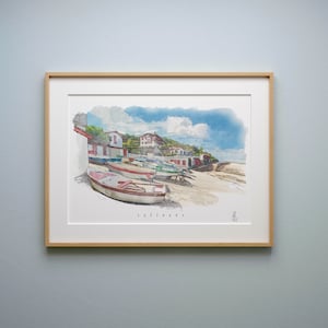 Cartel de acuarela Guéthary / Puerto de ilustración Guéthary Costa Vasca Suroeste de Francia / Arte costero / Arte de pared de acuarela