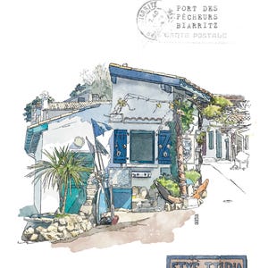 Cartel acuarela Biarritz / Ilustración puerto pesquero Biarritz Costa Vasca Suroeste de Francia / Arte costero / Arte mural acuarela